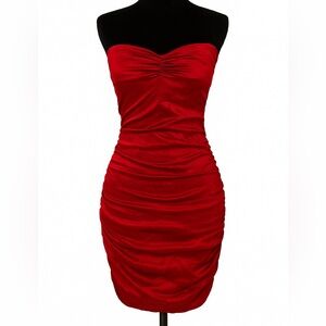 Express Red Silk Ruched Strapless Cocktail Dress